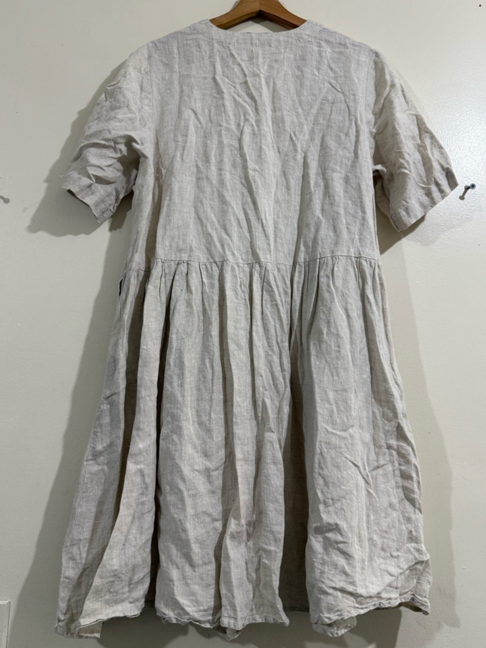 Your face Women's Light Beige Linen Short-Sleeve Gathered Dress - Picture 5 of 5